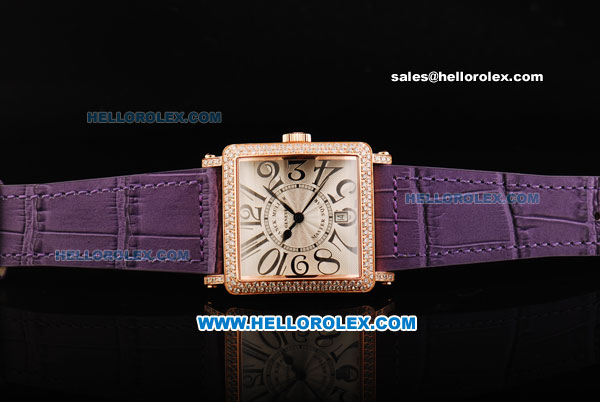 Franck Muller Master Square Swiss ETA 2824 Automatic Movement Rose Gold Case with Diamond Bezel and Purple Leather Strap - Click Image to Close